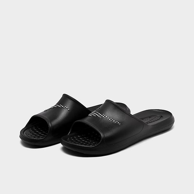 Three Quarter view of Men's Nike Victori One Shower Slide Sandals in Black/White/Black Click to zoom