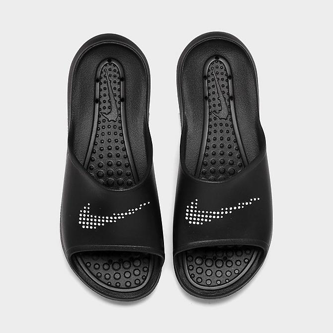 Back view of Men's Nike Victori One Shower Slide Sandals in Black/White/Black Click to zoom