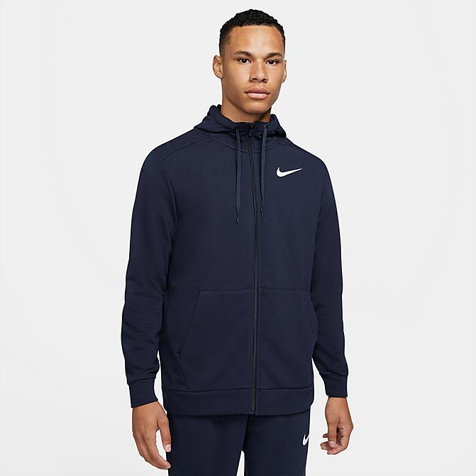 Front view of Men's Nike Dri-FIT Chest Logo Full-Zip Hoodie in Obsidian/White Click to zoom