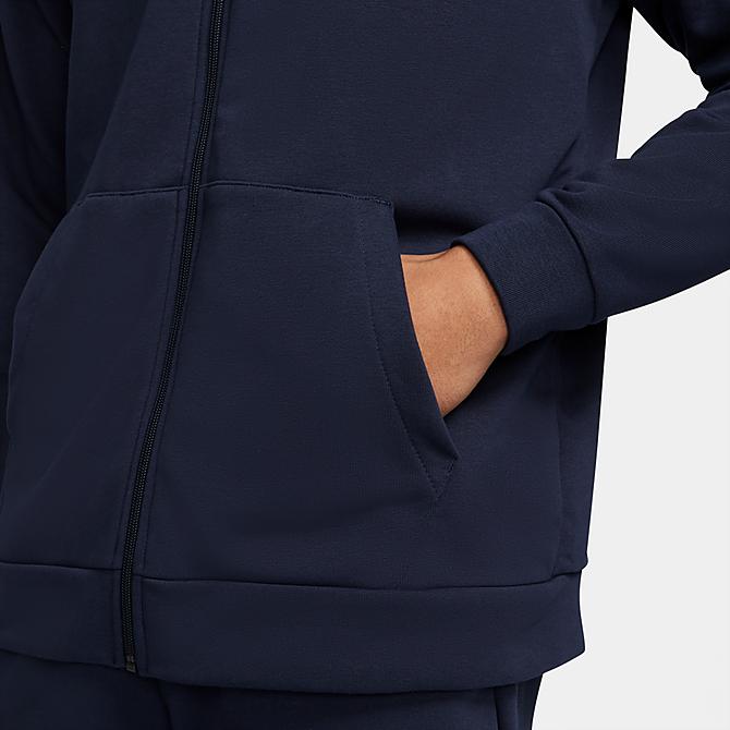 On Model 5 view of Men's Nike Dri-FIT Chest Logo Full-Zip Hoodie in Obsidian/White Click to zoom