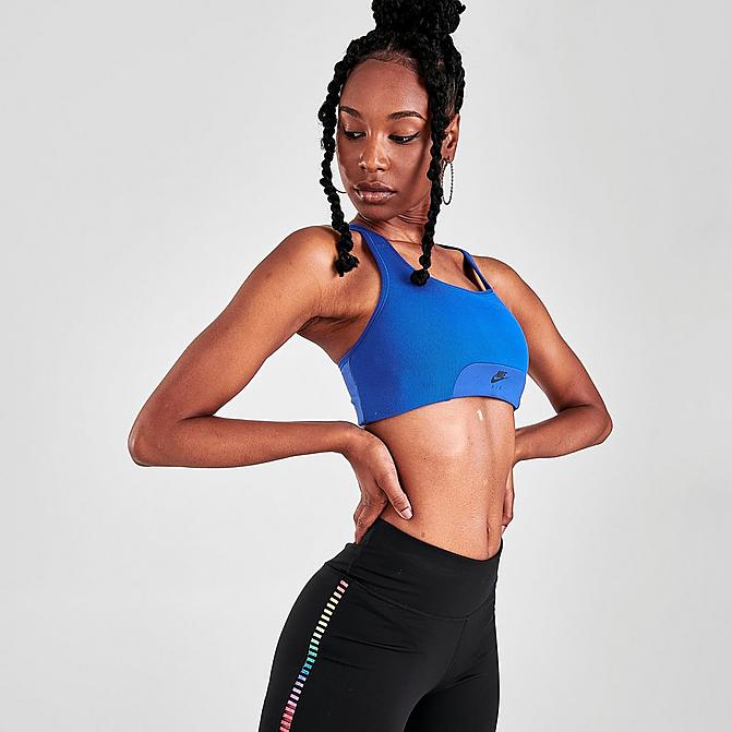 Front view of Women's Nike Air Dri-FIT Swoosh 1-Piece Pad Keyhole Medium-Support Sports Bra in Hyper Royal/Hyper Royal Click to zoom