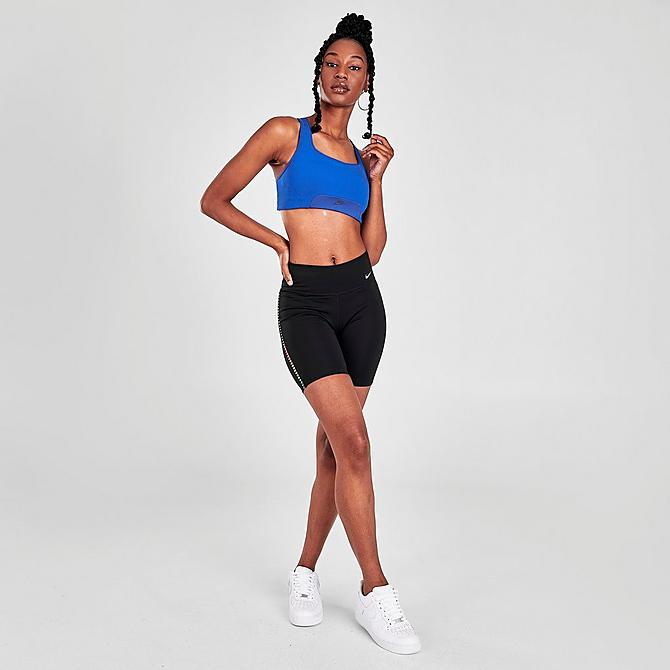 Front Three Quarter view of Women's Nike Air Dri-FIT Swoosh 1-Piece Pad Keyhole Medium-Support Sports Bra in Hyper Royal/Hyper Royal Click to zoom