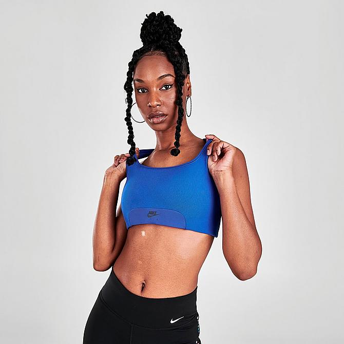 Back Left view of Women's Nike Air Dri-FIT Swoosh 1-Piece Pad Keyhole Medium-Support Sports Bra in Hyper Royal/Hyper Royal Click to zoom