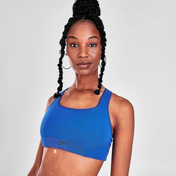 On Model 5 view of Women's Nike Air Dri-FIT Swoosh 1-Piece Pad Keyhole Medium-Support Sports Bra in Hyper Royal/Hyper Royal Click to zoom