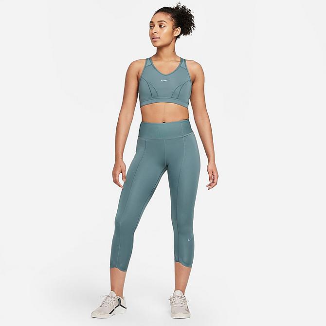 Back Left view of Women's Nike Swoosh Icon Clash Medium-Support 1-Piece Pad V-Neck Sports Bra in Hasta/Hasta/Aviator Grey Click to zoom