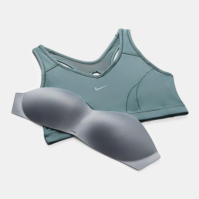 Back Right view of Women's Nike Swoosh Icon Clash Medium-Support 1-Piece Pad V-Neck Sports Bra in Hasta/Hasta/Aviator Grey Click to zoom