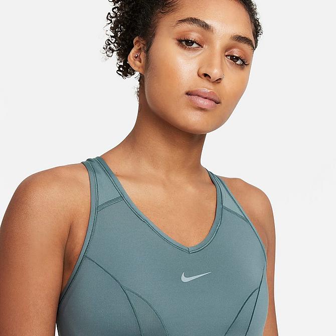 On Model 5 view of Women's Nike Swoosh Icon Clash Medium-Support 1-Piece Pad V-Neck Sports Bra in Hasta/Hasta/Aviator Grey Click to zoom