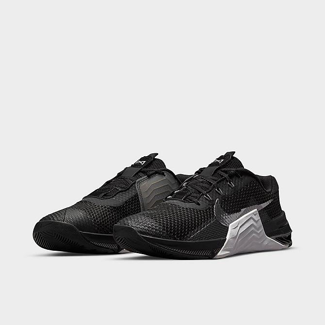 Three Quarter view of Women's Nike Metcon 7 Training Shoes in Black/White/Smoke Grey/Metallic Dark Grey Click to zoom