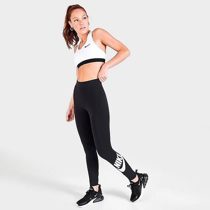 Front Three Quarter view of Women's Nike Sportswear Essential High-Waisted Leggings in Black/White Click to zoom