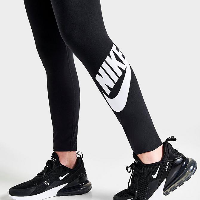 On Model 5 view of Women's Nike Sportswear Essential High-Waisted Leggings in Black/White Click to zoom