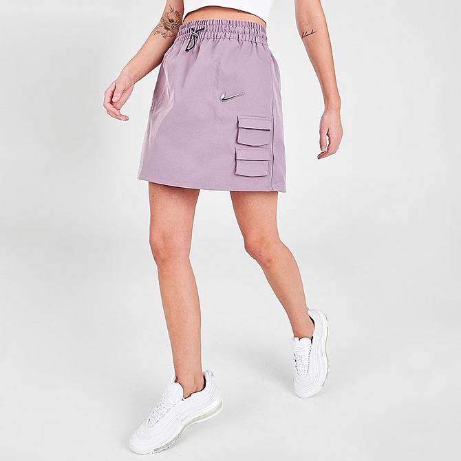 Front Three Quarter view of Women's Nike Sportswear Swoosh Utility Skirt in Purple Smoke Click to zoom