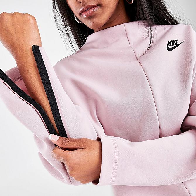 On Model 6 view of Women's Nike Sportswear Tech Fleece Crewneck Sweatshirt in Champagne/Black Click to zoom
