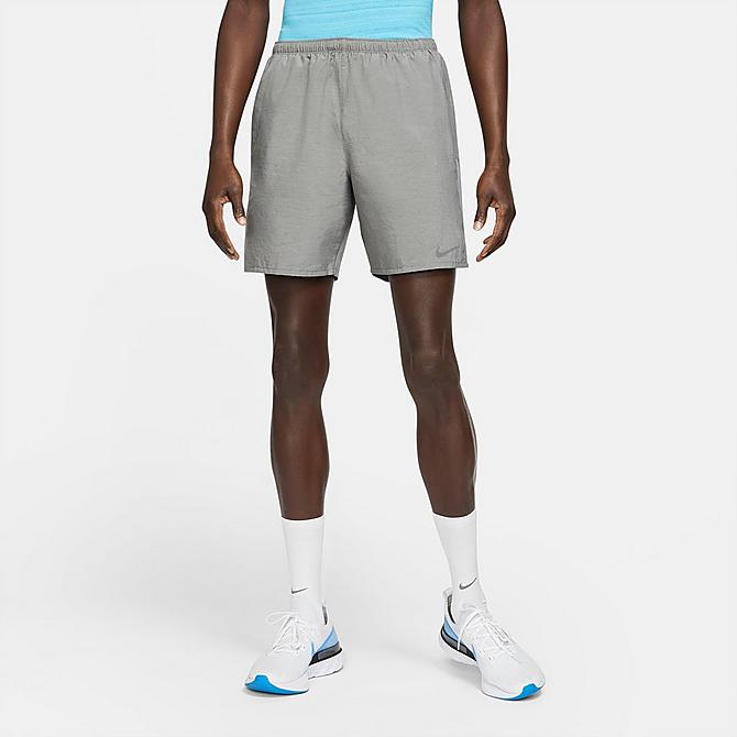 Front Three Quarter view of Men's Nike Challenger 2-in-1 Shorts in Smoke Grey/Reflective Silver Click to zoom