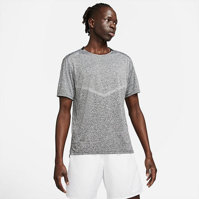 Front view of Men's Nike Dri-FIT Rise 365 Running T-Shirt in Black/Black/Heather/Reflective Silver Click to zoom