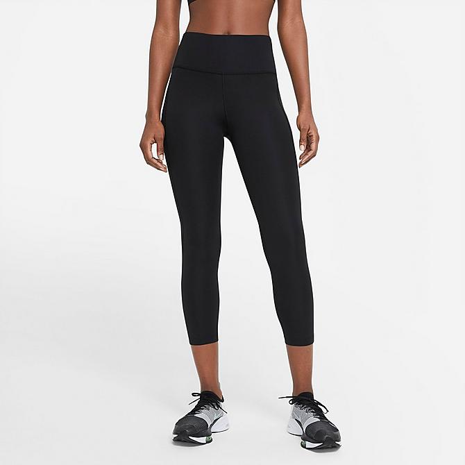 Front Three Quarter view of Women's Nike Fast Mid-Rise Crop Running Leggings in Black/Reflective Silver Click to zoom
