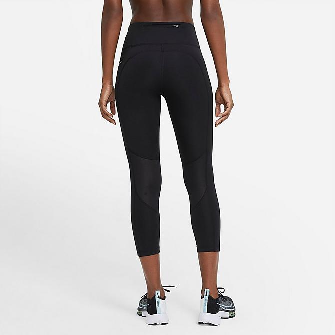 Back Left view of Women's Nike Fast Mid-Rise Crop Running Leggings in Black/Reflective Silver Click to zoom