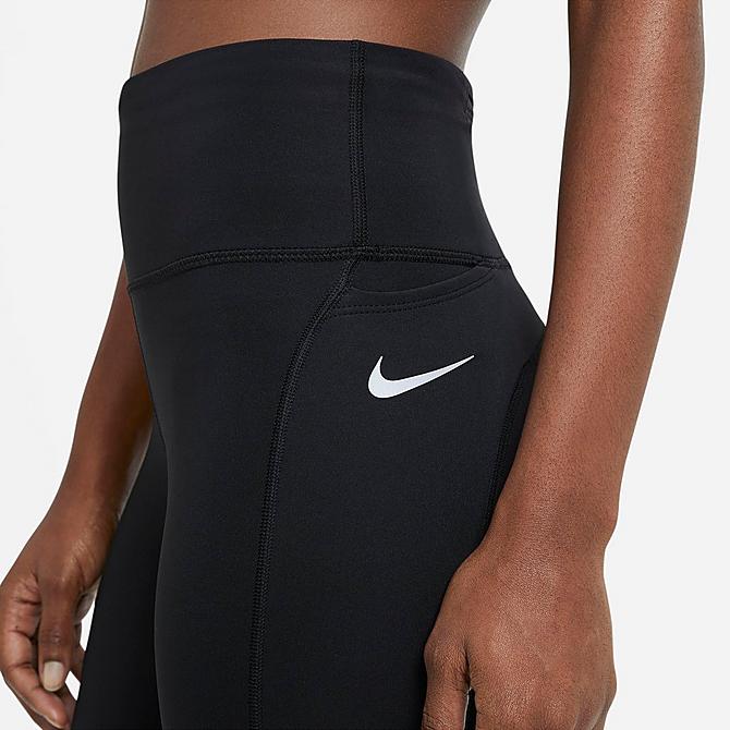 Back Right view of Women's Nike Fast Mid-Rise Crop Running Leggings in Black/Reflective Silver Click to zoom