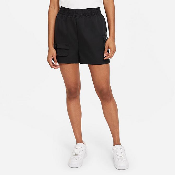 Front view of Women's Nike Sportswear Swoosh High-Rise Woven Shorts in Black Click to zoom