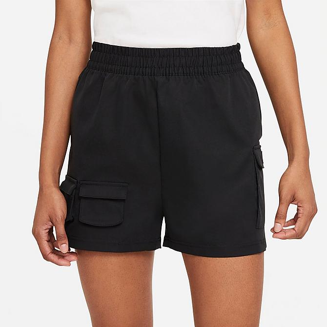 Front Three Quarter view of Women's Nike Sportswear Swoosh High-Rise Woven Shorts in Black Click to zoom