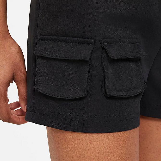 On Model 5 view of Women's Nike Sportswear Swoosh High-Rise Woven Shorts in Black Click to zoom