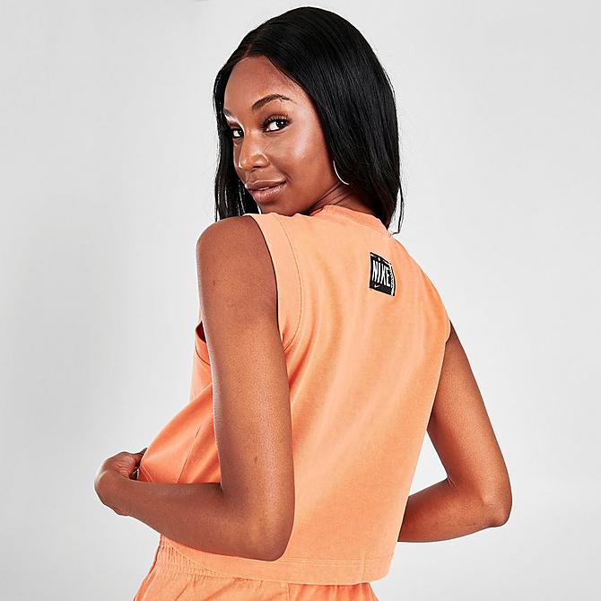 Back Right view of Women's Nike Sportswear Washed Crop Tank in Atomic Orange/Black Click to zoom