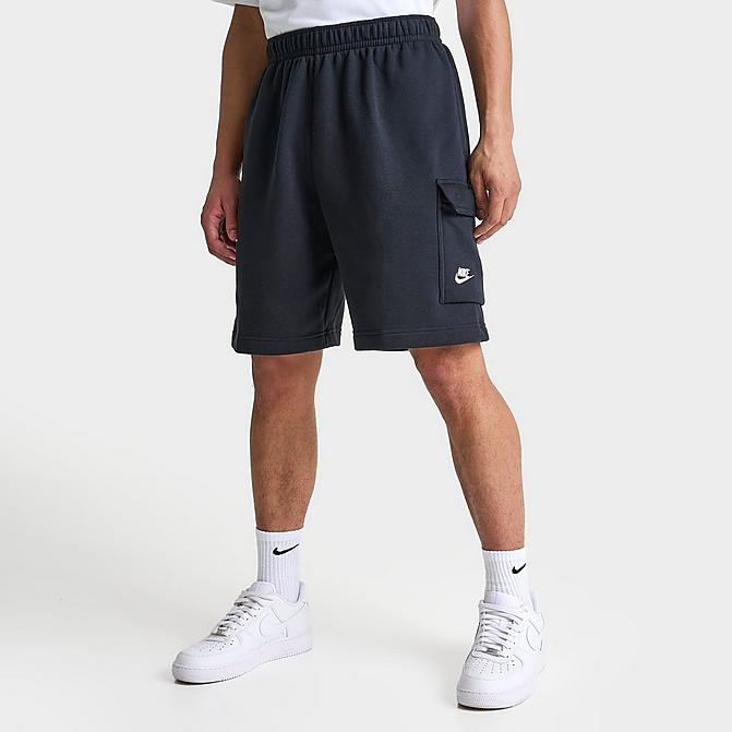 Front view of Men's Nike Sportswear Club Fleece Cargo Shorts in Black/Black/White Click to zoom