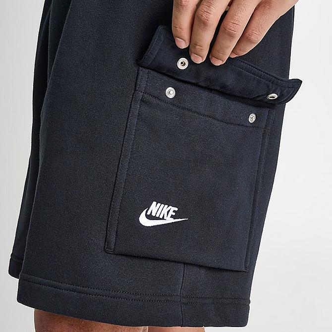 On Model 5 view of Men's Nike Sportswear Club Fleece Cargo Shorts in Black/Black/White Click to zoom