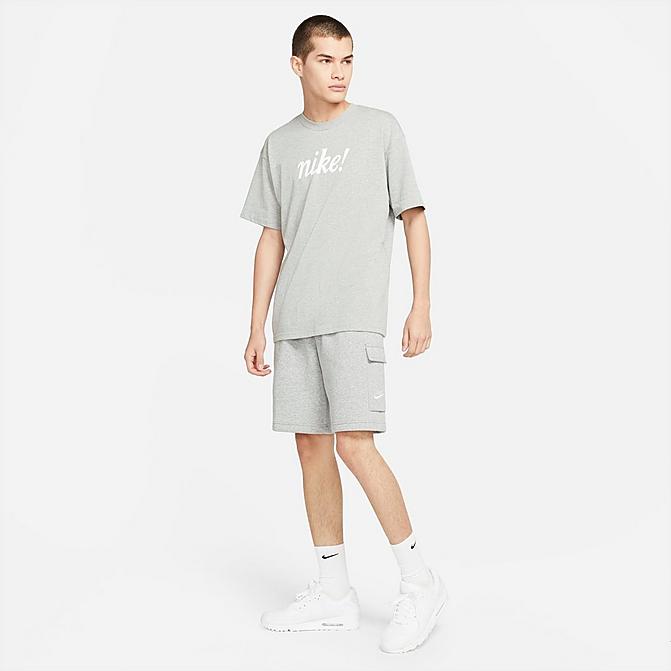 Front view of Men's Nike Sportswear Club Fleece Cargo Shorts in Dark Grey Heather/Matte Silver/White Click to zoom