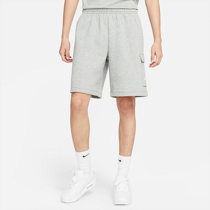 Front Three Quarter view of Men's Nike Sportswear Club Fleece Cargo Shorts in Dark Grey Heather/Matte Silver/White Click to zoom