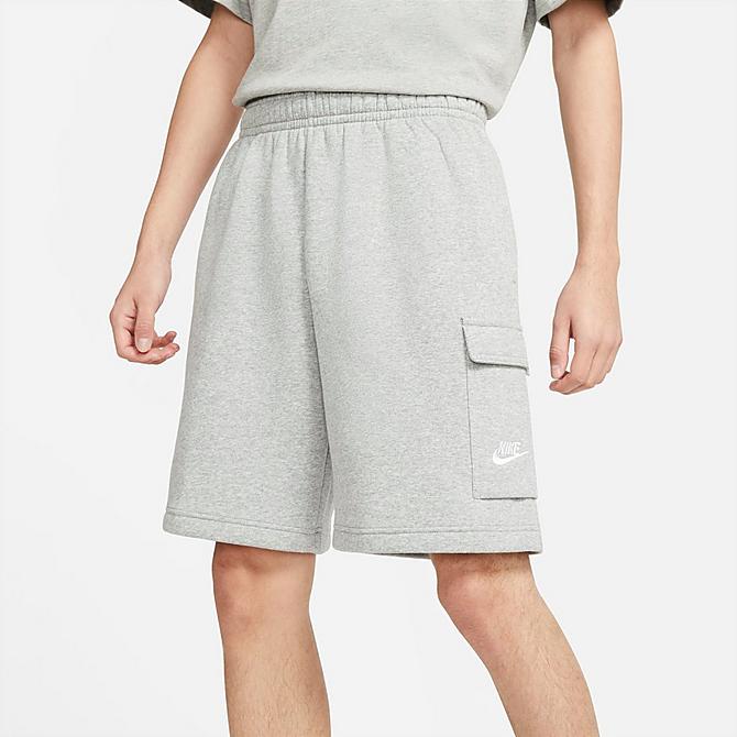 Back Left view of Men's Nike Sportswear Club Fleece Cargo Shorts in Dark Grey Heather/Matte Silver/White Click to zoom