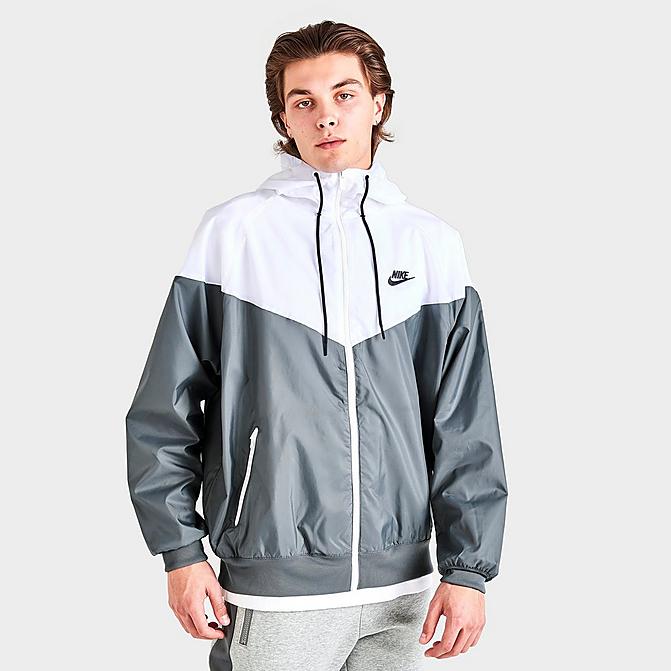 Front view of Men's Nike Sportswear Windrunner Woven Hooded Jacket in Smoke Grey/White/Smoke Grey/Black Click to zoom