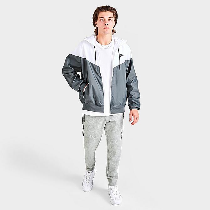 Front Three Quarter view of Men's Nike Sportswear Windrunner Woven Hooded Jacket in Smoke Grey/White/Smoke Grey/Black Click to zoom