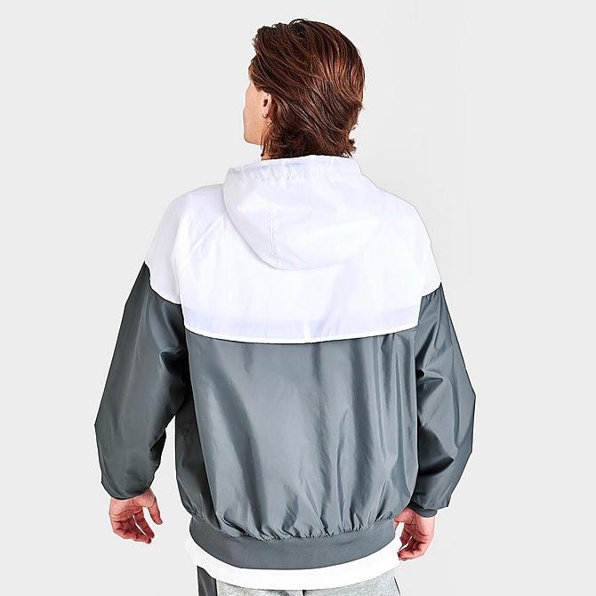 Back Right view of Men's Nike Sportswear Windrunner Woven Hooded Jacket in Smoke Grey/White/Smoke Grey/Black Click to zoom