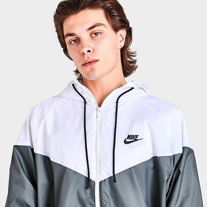 On Model 5 view of Men's Nike Sportswear Windrunner Woven Hooded Jacket in Smoke Grey/White/Smoke Grey/Black Click to zoom