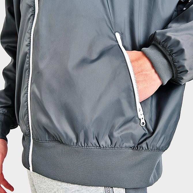 On Model 6 view of Men's Nike Sportswear Windrunner Woven Hooded Jacket in Smoke Grey/White/Smoke Grey/Black Click to zoom
