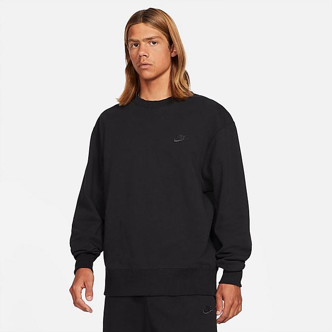 Front Three Quarter view of Men's Nike Sportswear Classic Fleece Crewneck Sweatshirt in Black/Off Noir Click to zoom