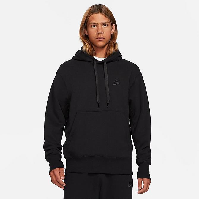 Front Three Quarter view of Men's Nike Sportswear Classic Fleece Pullover Hoodie in Black/Off Noir Click to zoom