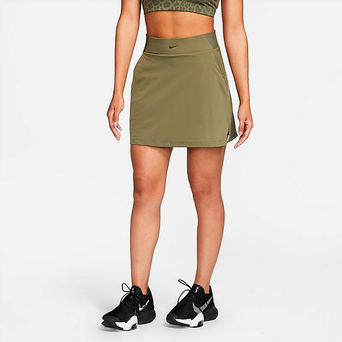 Front view of Women's Nike Bliss Luxe Training Skort in Medium Olive/Clear Click to zoom