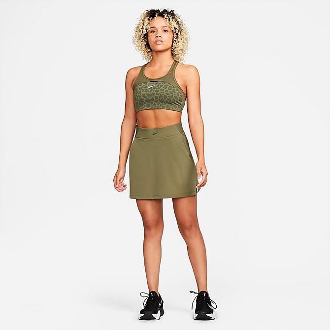 Front Three Quarter view of Women's Nike Bliss Luxe Training Skort in Medium Olive/Clear Click to zoom