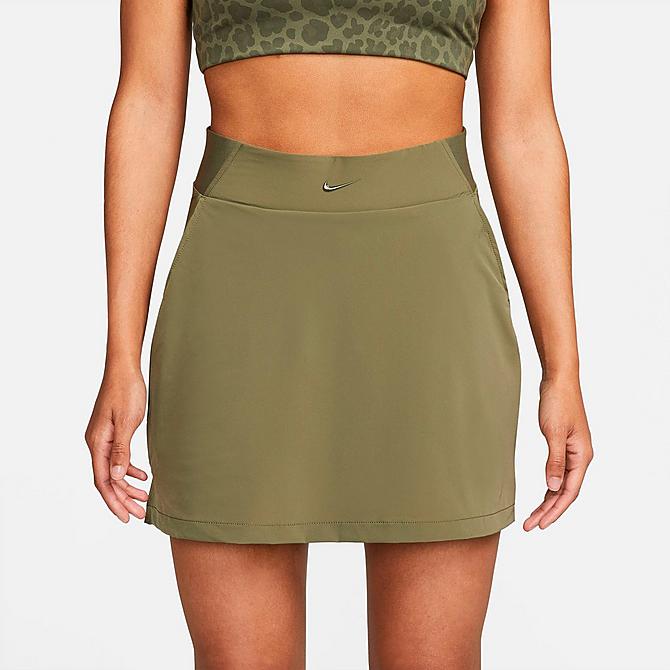 Back Left view of Women's Nike Bliss Luxe Training Skort in Medium Olive/Clear Click to zoom