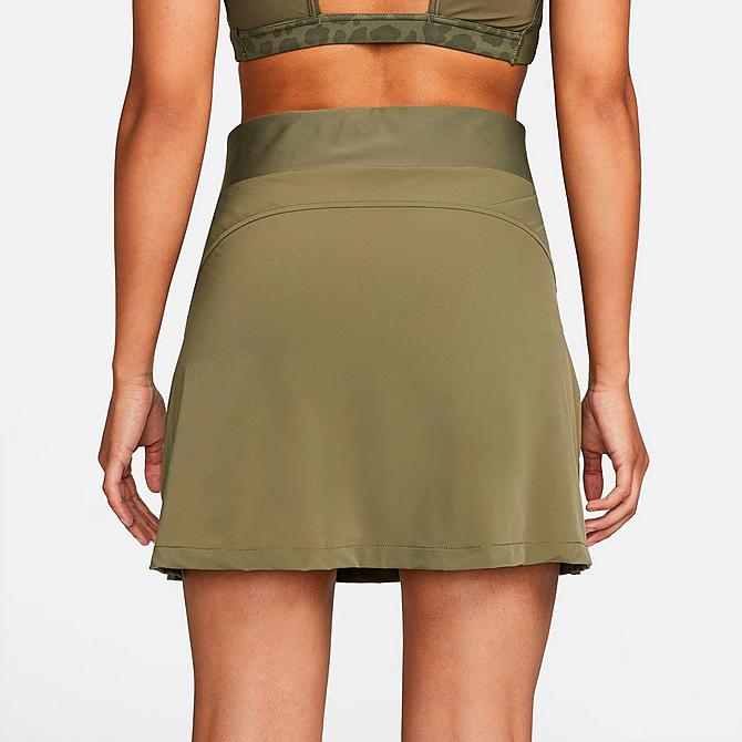 Back Right view of Women's Nike Bliss Luxe Training Skort in Medium Olive/Clear Click to zoom
