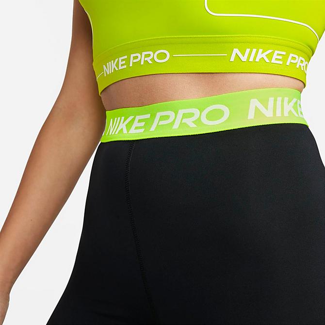 On Model 5 view of Women's Nike Pro 365 High-Waisted Cropped Leggings in Black/Volt/White Click to zoom