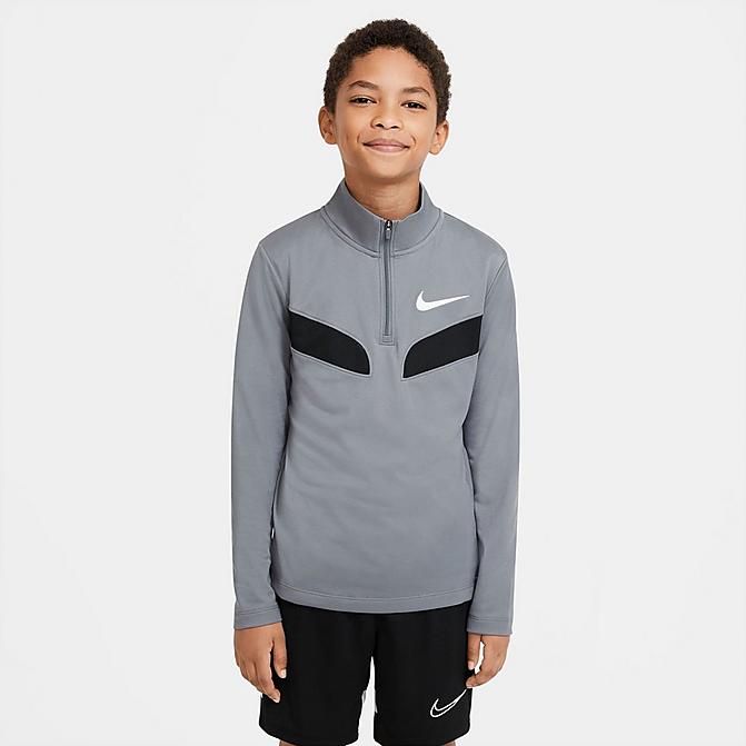 Front view of Boys' Nike Sport Dri-FIT Half-Zip Training Top in Smoke Grey/Black/White Click to zoom