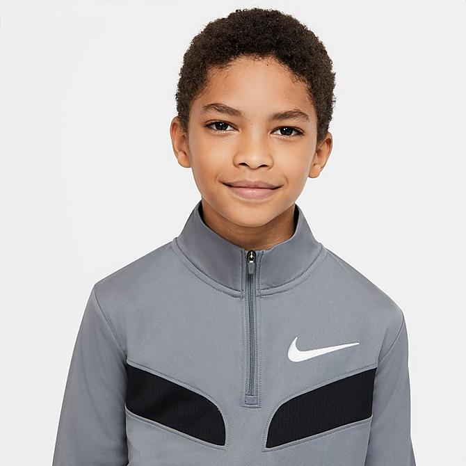 Back Right view of Boys' Nike Sport Dri-FIT Half-Zip Training Top in Smoke Grey/Black/White Click to zoom
