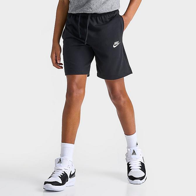 Front view of Boys' Nike Sportswear Jersey Shorts in Black/White/White Click to zoom