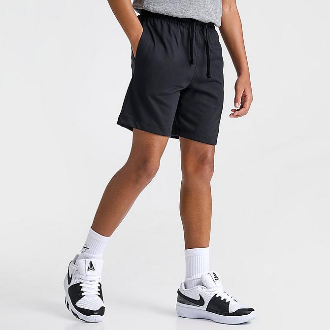 Back Left view of Boys' Nike Sportswear Jersey Shorts in Black/White/White Click to zoom