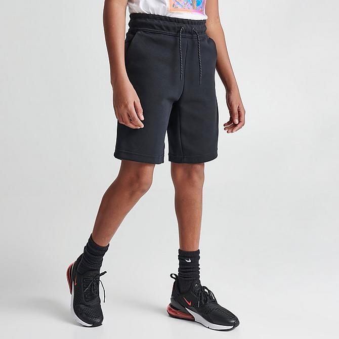 Back Left view of Boys' Nike Sportswear Tech Fleece Shorts in Black/Black Click to zoom