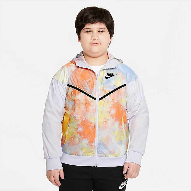 Front view of Kids' Nike Sportswear Tie-Dye Windrunner Jacket in Football Grey/Multi Click to zoom
