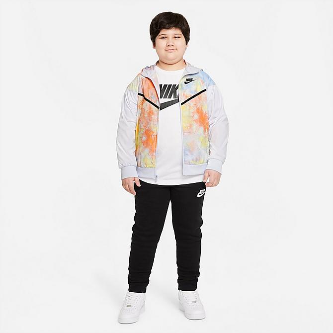 Front Three Quarter view of Kids' Nike Sportswear Tie-Dye Windrunner Jacket in Football Grey/Multi Click to zoom