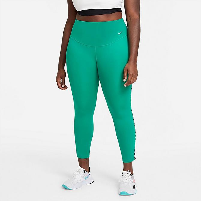 Front Three Quarter view of Women's Nike One Rainbow Ladder Mid-Rise Cropped Leggings in Neptune Green/White Click to zoom